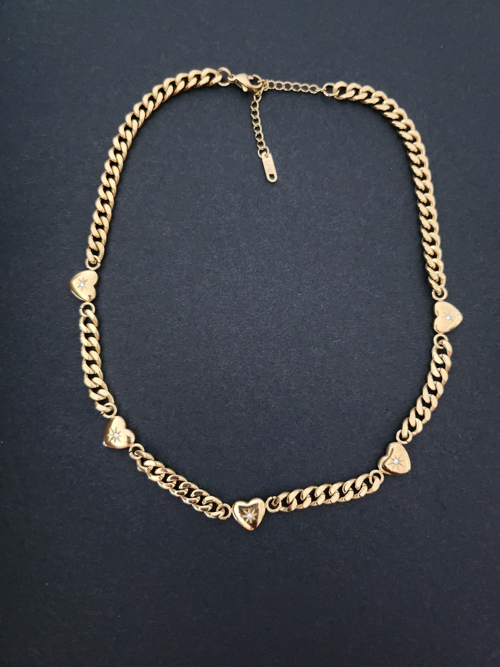 Gold Heart Link Chain Necklace with Star-Set Stones